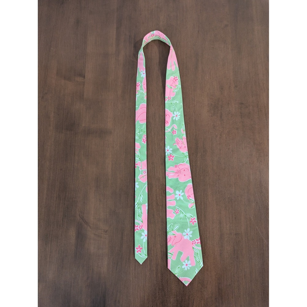 Lilly Pulitzer Mens Tie Pink Green Elephant Floral Print 100% Cotton Preppy